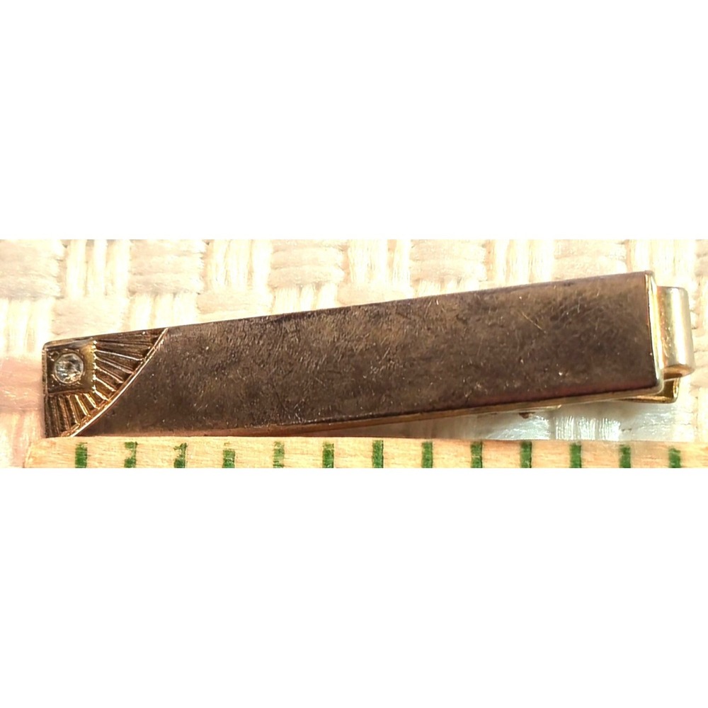Vintage Anson Gold Tone Tie Clip Diamond Color Jewel Mid Century Men Accessory